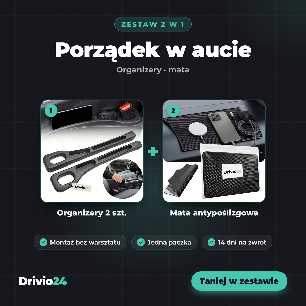 Zestaw Porządek w Aucie Drivio24 – organizery między siedzeniami i mata