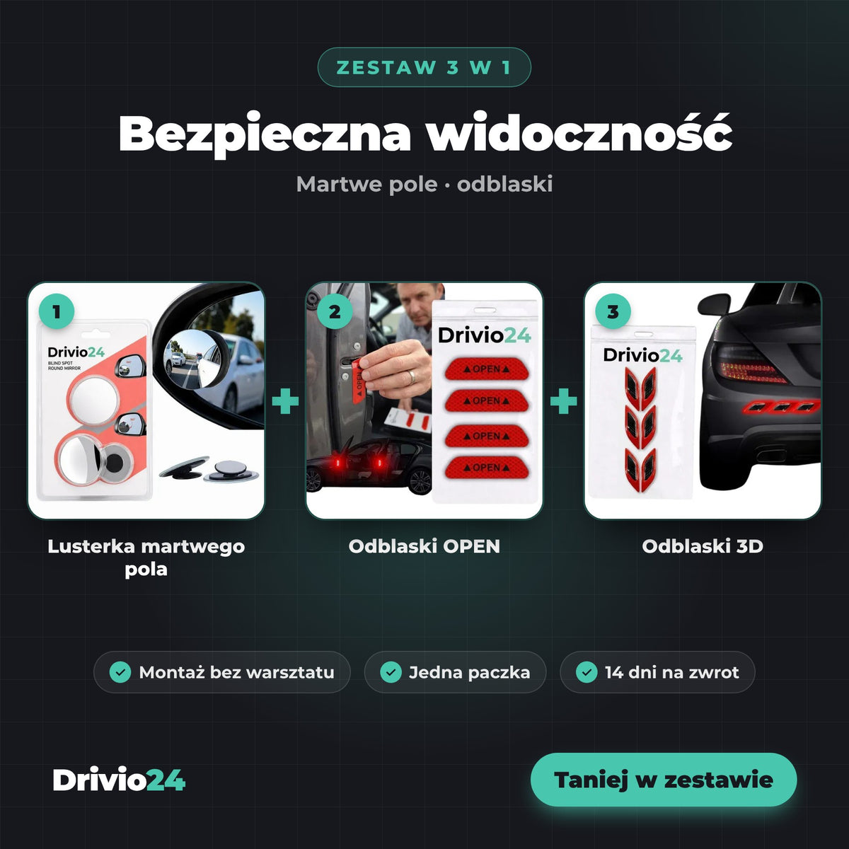 Zestaw Bezpieczna Widoczność Drivio24 – lusterka martwego pola i odblaski